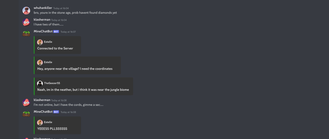 Discord conversation with minechatbot integrated.