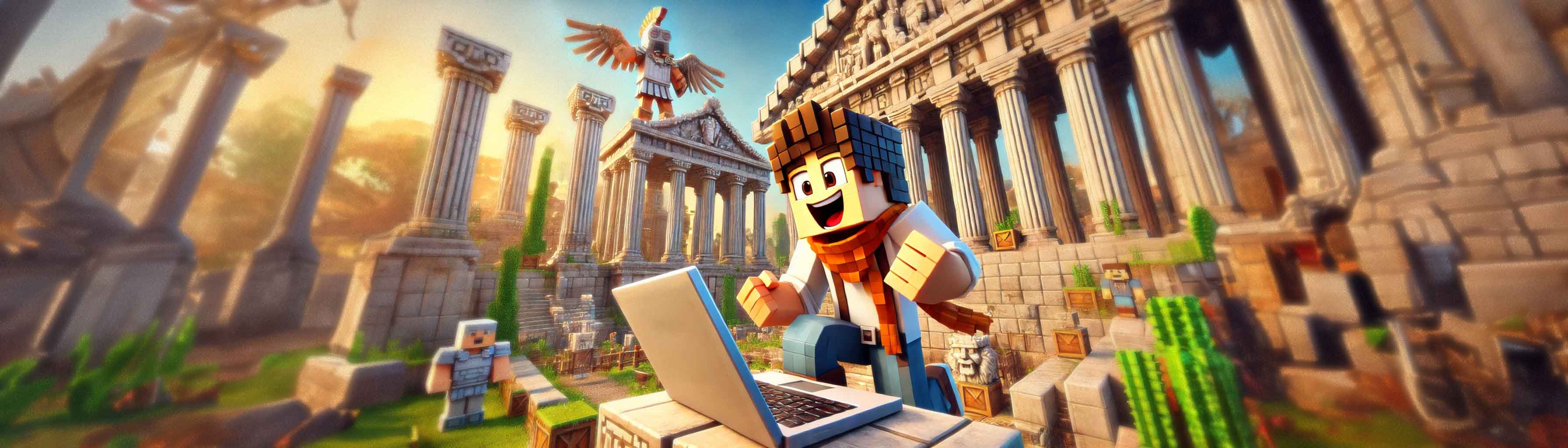 Minecraft-style character enthusiastically using a laptop in an ancient Greek-inspired temple setting after he has patched his server.jar file.