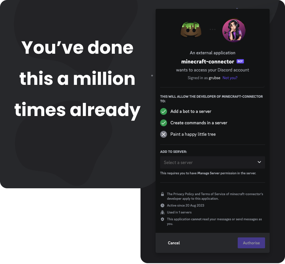 Screenshot and browser window showing how to invite a discord bot to your server